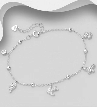 Bratara ajustabila argint fluture, randunica, floare, frunza