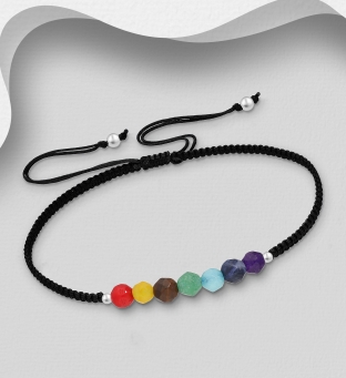 Bratara argint cu snur negru si pietre CHAKRA colorate
