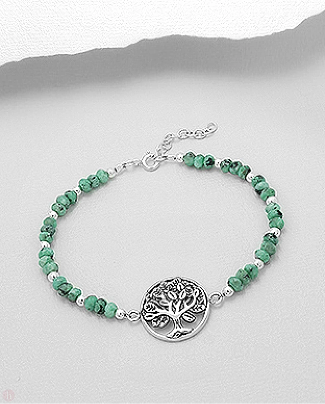 Bratara argint pomul vietii - tree of life cu pietre verzi de prehnit