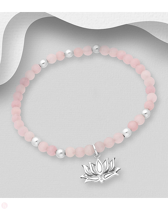 Bratara elastica din argint si cuart roz cu talisman floare de lotus