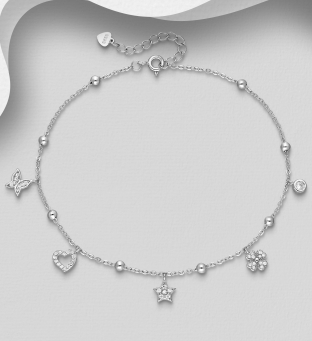 Bratara picior argint fluture, stea, inima, trifoi, bilute
