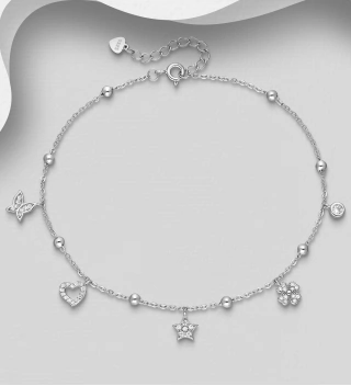 Bratara picior argint fluture, stea, inima, trifoi, bilute