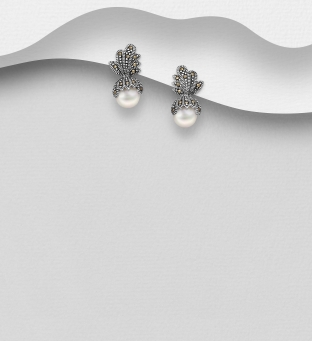 Cercei din argint model frunza cu marcasite si perle albe