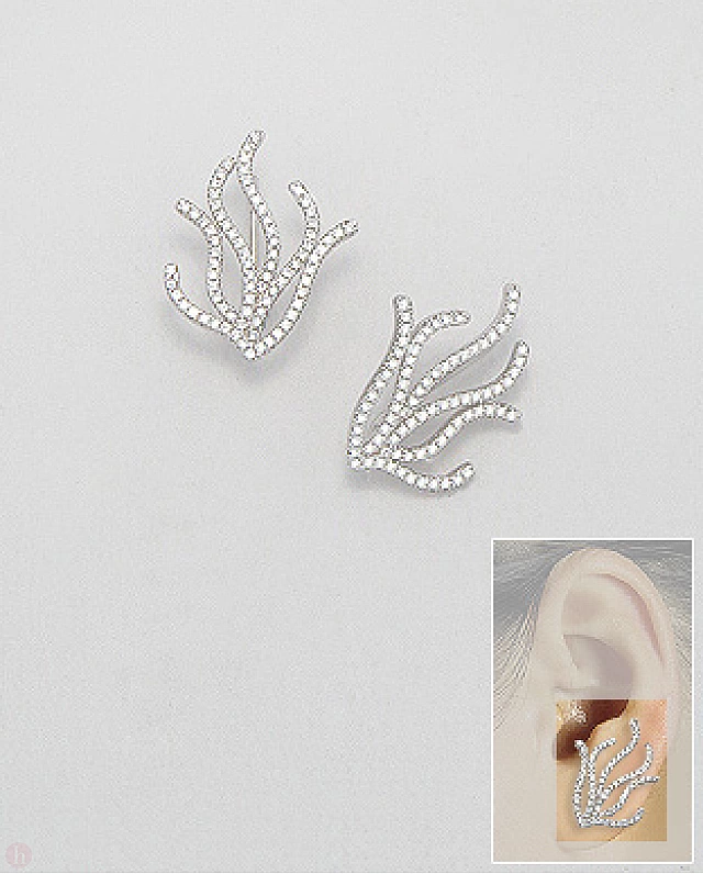 Cercei agrafa - ear pins din argint, model linii curbe cu cristale albe