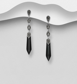 Cercei lungi argint cu marcasite si pietre negre