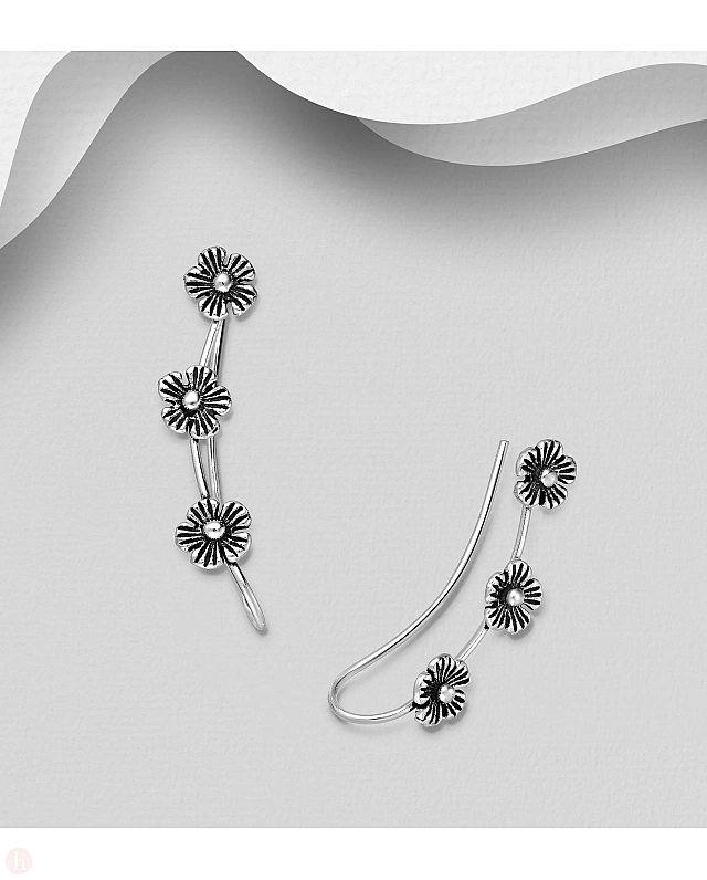 Cercei argint ear pins - agrafa cu trei flori