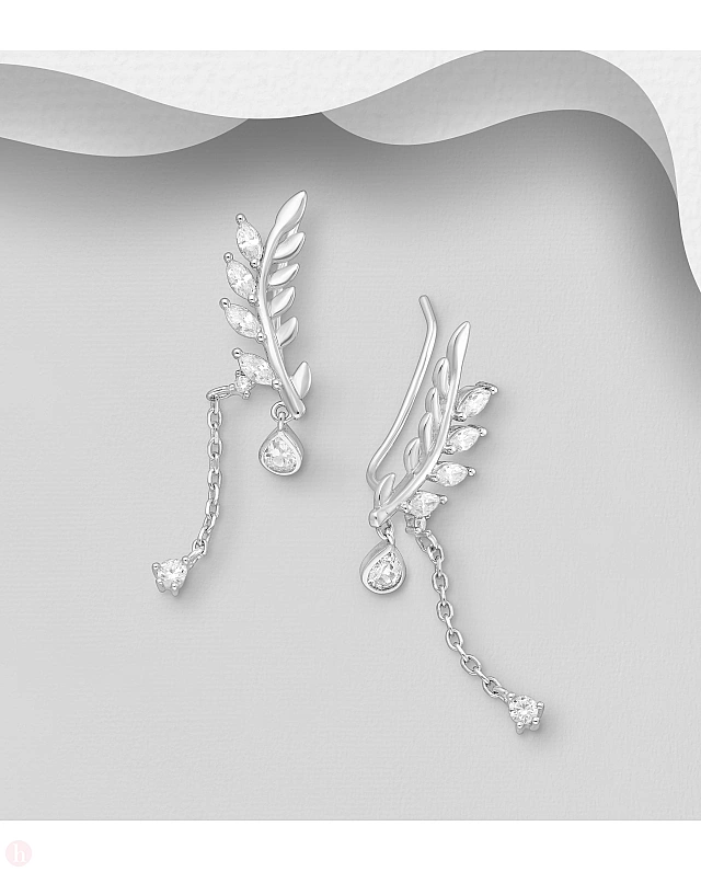 Cercei argint rodiat agrafa - ear pins model frunza cu cristale si lantisor