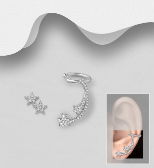 Cercei asimetrici ear cuff argint cu stelute