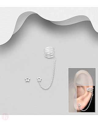 Cercei asimetrici din argint model ear cuff cu stelute