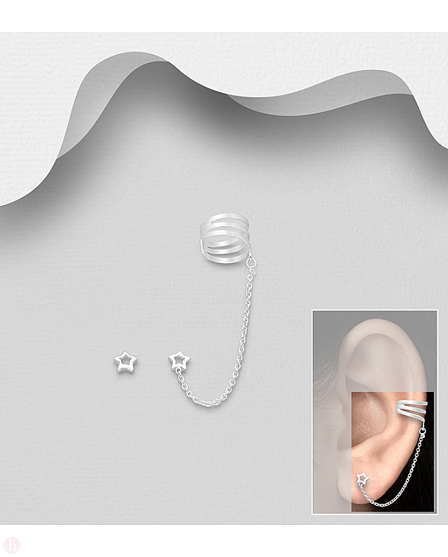 Cercei asimetrici din argint model ear cuff cu stelute
