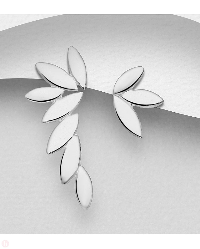Cercei asimetrici din argint, model frunze