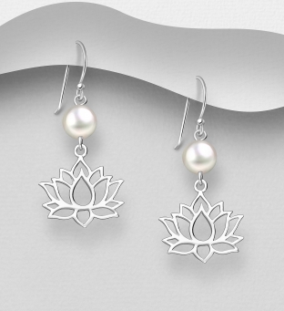 Cercei din argint cu floare de lotus si perla alba