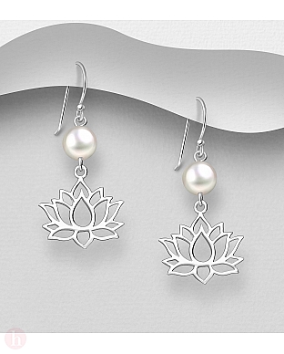 Cercei din argint cu floare de lotus si perla alba