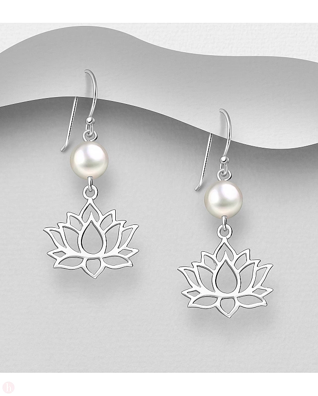 Cercei din argint cu floare de lotus si perla alba