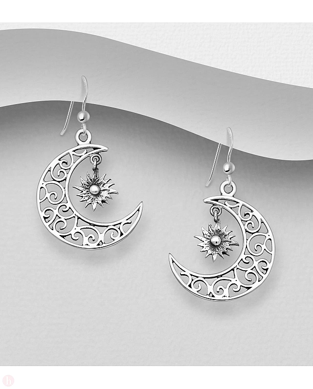 Cercei din argint cu luna si stea, model spiralat