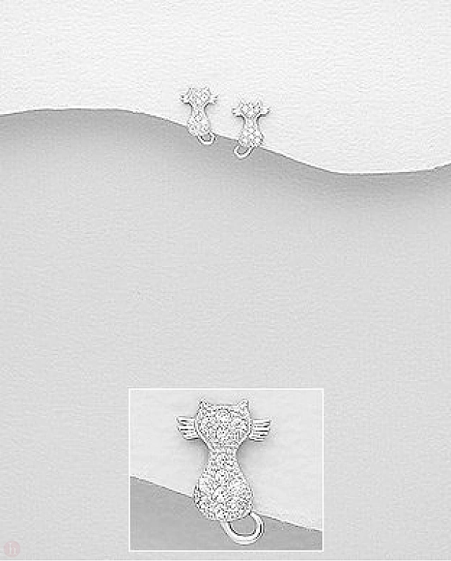 Cercei mici din argint model pisica cu mustati si cristale albe