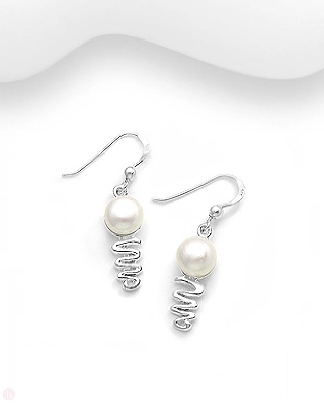 Cercei din argint model spirala cu perle albe