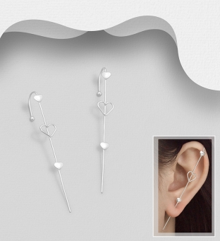 Cercei ear pins - cuff din argint cu inimioare