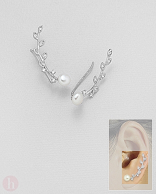 Cercei ear pins din argint cu perle, frunze si cristale