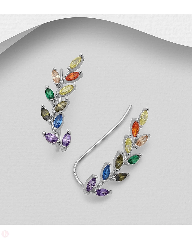 Cercei ear pins din argint model frunza cu cristale colorate