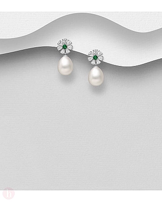 Cercei eleganti din argint cu flori si perle