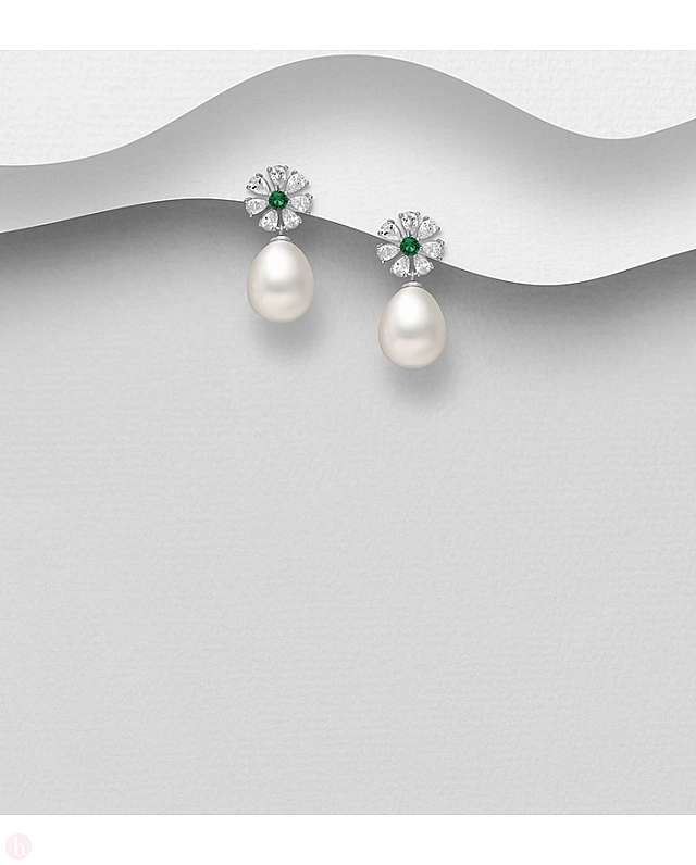 Cercei eleganti din argint cu flori si perle