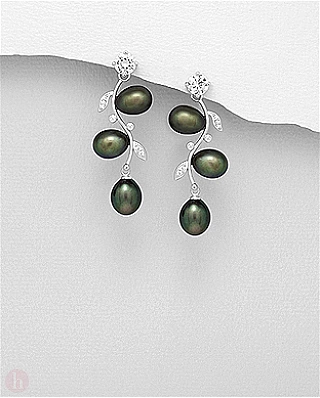 Cercei eleganti din argint cu perle negre si cristale albe