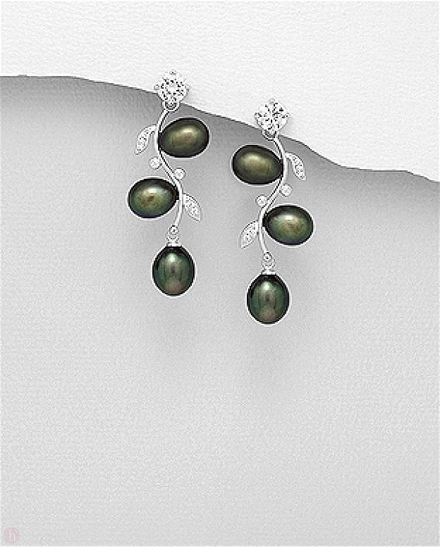 Cercei eleganti din argint cu perle negre si cristale albe