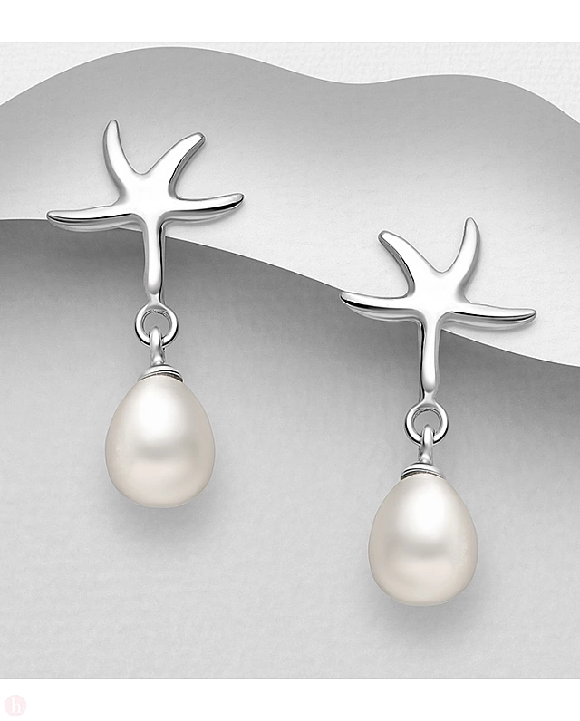 Cercei eleganti din argint cu perle si stea de mare