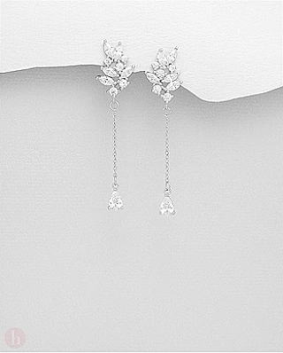Cercei eleganti, lungi din argint, frunza cu cristale albe