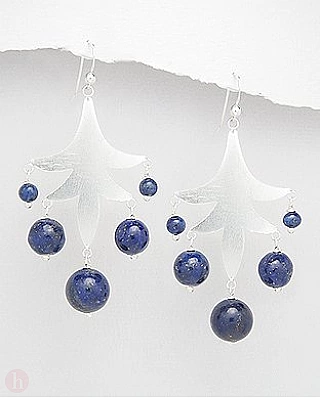 Cercei candelabru frunza cu bilute albastre de lapis lazuli