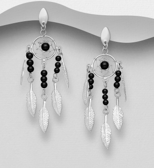 Cercei lungi argint Dream Catcher cu pietre negre