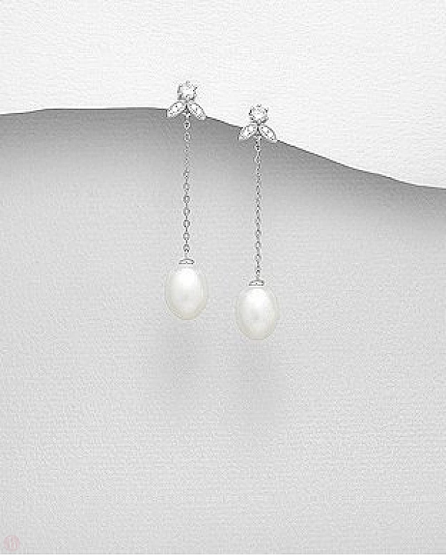 Cercei lungi din argint cu lant, perle albe si cristale
