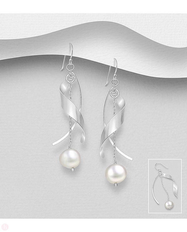 Cercei lungi din argint cu perle si lantisor