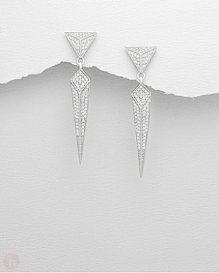 Cercei lungi, eleganti din argint model piramida si romb cu cristale albe