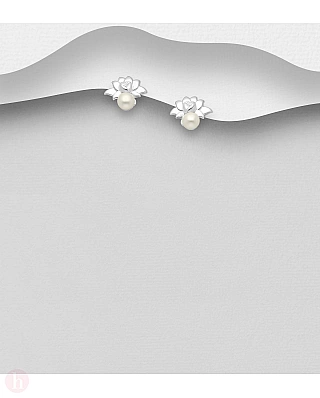 Cercei mici din argint cu floare de lotus si perla