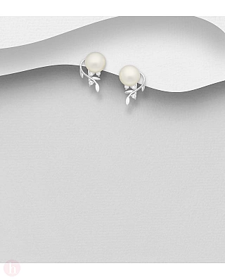 Cercei mici din argint cu frunze, perle albe si cristale