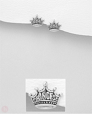Cercei mici din argint, model coroana cu text PRINCESS