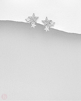 Cercei mici din argint model cu trei stele si cristale albe