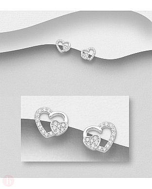 Cercei mici din argint model doua inimi si cristale