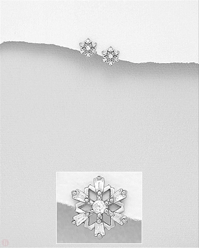 Cercei mici din argint model fulg de zapada cu cristale albe
