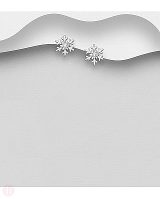 Cercei mici din argint model fulg de zapada cu cristale