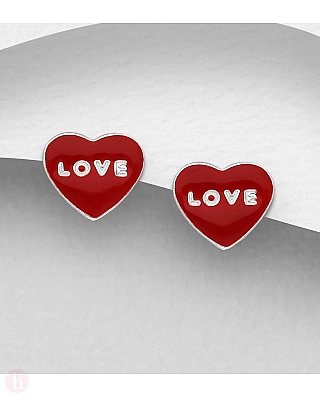 Cercei mici din argint model inima rosie si text Love