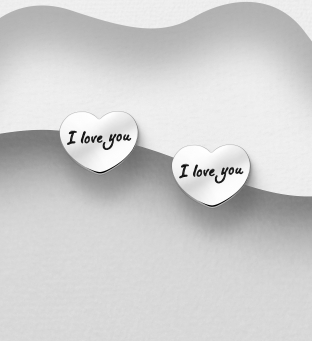 Cercei mici din argint model inima si mesaj I Love You
