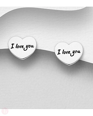 Cercei mici din argint model inima si mesaj I Love You