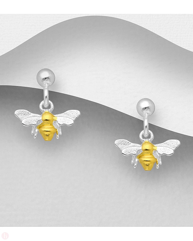 Cercei mici din argint placat cu aur model albina