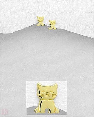 Cercei mici din argint placati cu aur galben, model pisica