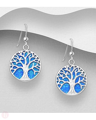 Cercei rotunzi din argint model Tree of Life cu piatra albastra