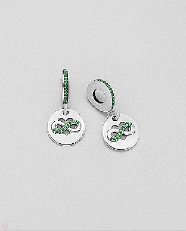 Charm - talisman rotund din argint pentru bratara, model inima si infinit cu cristale verzi