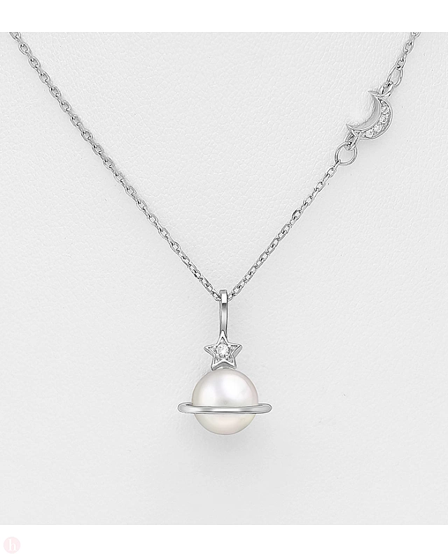 Colier din argint cu luna, stea, Saturn si perla